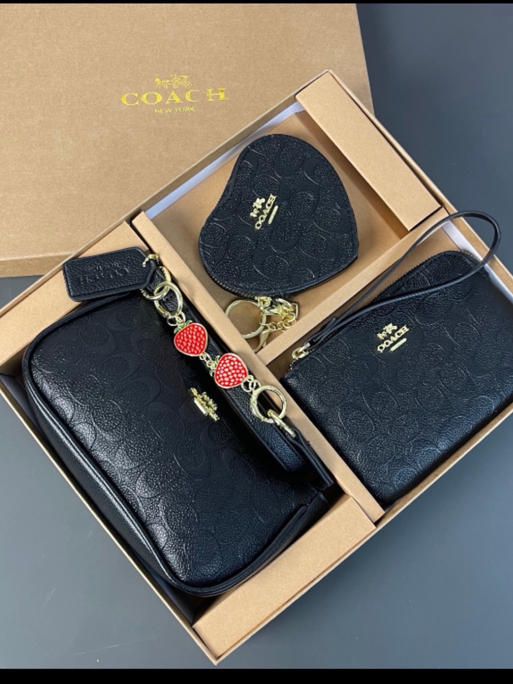 Coach Black Signature Leather 3-Piece Wristlet & Pouch Set with Red Heart Charm